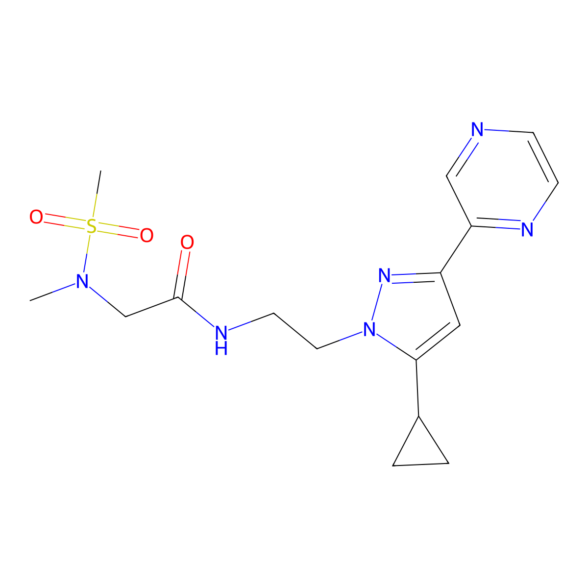 N-{2-[5-cyclopropyl-3-(pyrazin-2-yl)-1H-pyrazol-1-yl]ethyl}-2-(N-methylmethanesulfonamido)acetamide molecular structure, CAS 2034291-23-9
