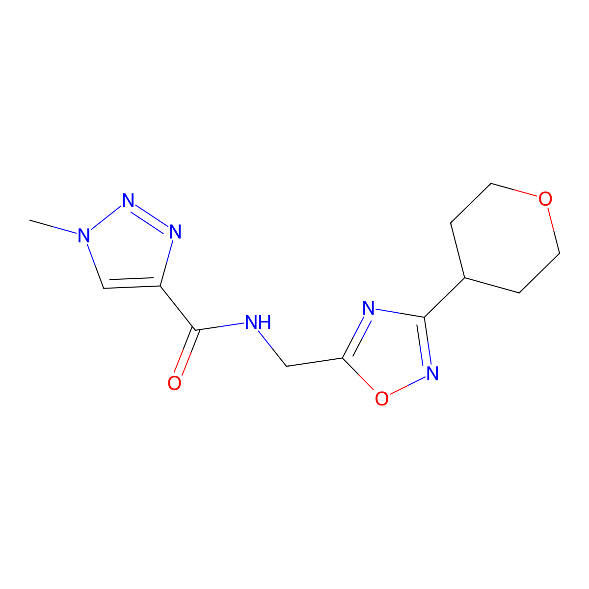 1-methyl-N-((3-(tetrahydro-2H-pyran-4-yl)-1,2,4-oxadiazol-5-yl)methyl)-1H-1,2,3-triazole-4-carboxamide molecular structure, CAS 2034291-25-1