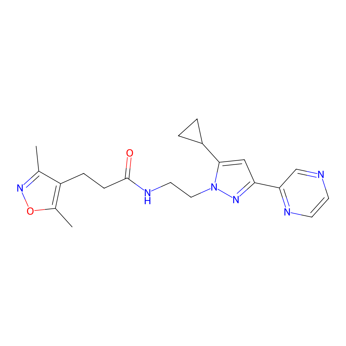 N-(2-(5-cyclopropyl-3-(pyrazin-2-yl)-1H-pyrazol-1-yl)ethyl)-3-(3,5-dimethylisoxazol-4-yl)propanamide molecular structure, CAS 2034291-28-4