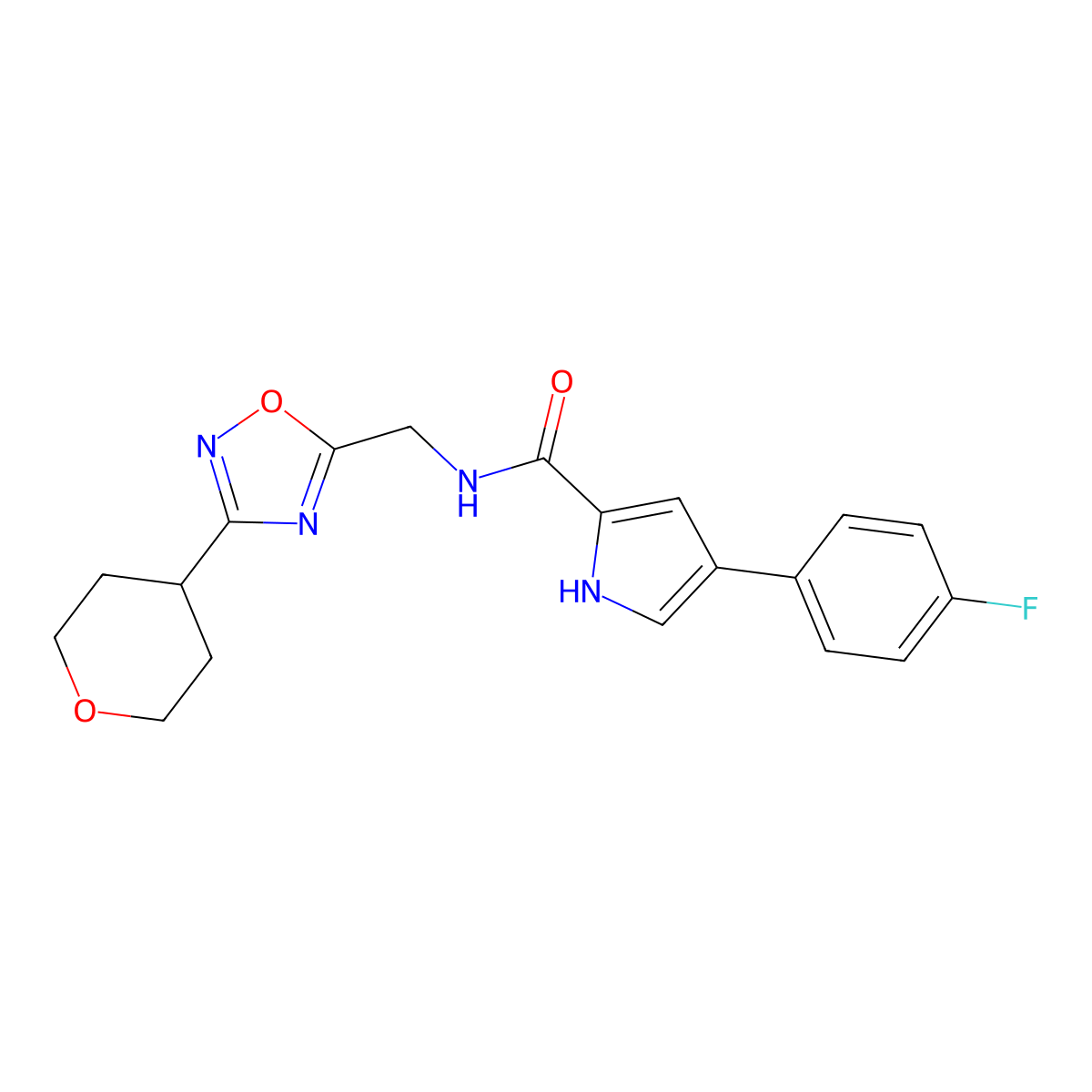 4-(4-fluorophenyl)-N-((3-(tetrahydro-2H-pyran-4-yl)-1,2,4-oxadiazol-5-yl)methyl)-1H-pyrrole-2-carboxamide molecular structure, CAS 2034291-31-9