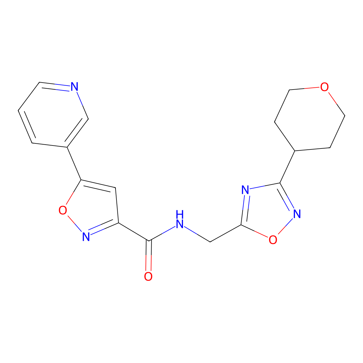 5-(pyridin-3-yl)-N-((3-(tetrahydro-2H-pyran-4-yl)-1,2,4-oxadiazol-5-yl)methyl)isoxazole-3-carboxamide molecular structure, CAS 2034291-39-7