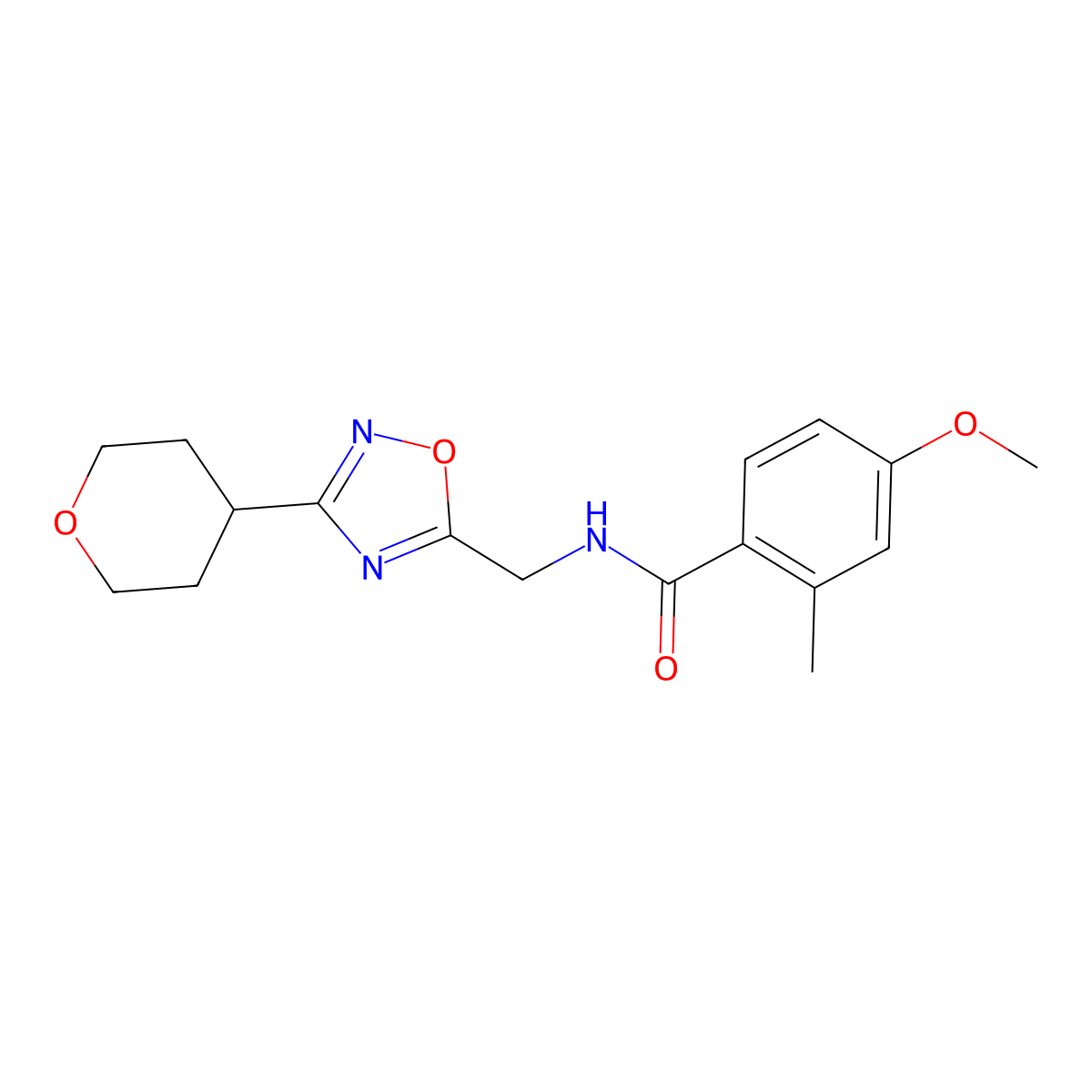 4-methoxy-2-methyl-N-((3-(tetrahydro-2H-pyran-4-yl)-1,2,4-oxadiazol-5-yl)methyl)benzamide molecular structure, CAS 2034291-46-6