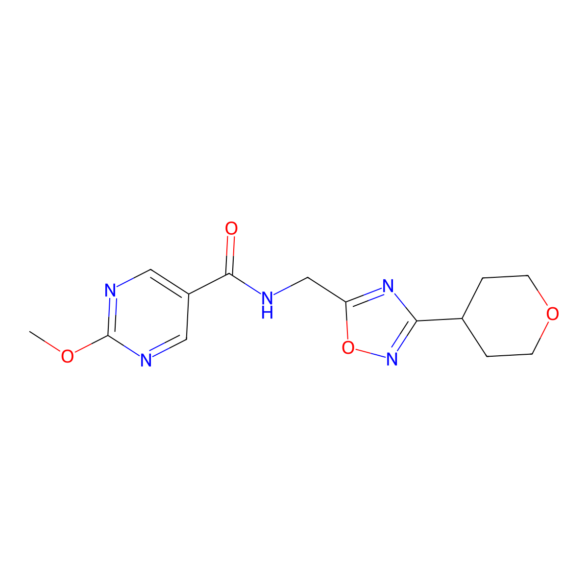 2-methoxy-N-((3-(tetrahydro-2H-pyran-4-yl)-1,2,4-oxadiazol-5-yl)methyl)pyrimidine-5-carboxamide molecular structure, CAS 2034291-53-5
