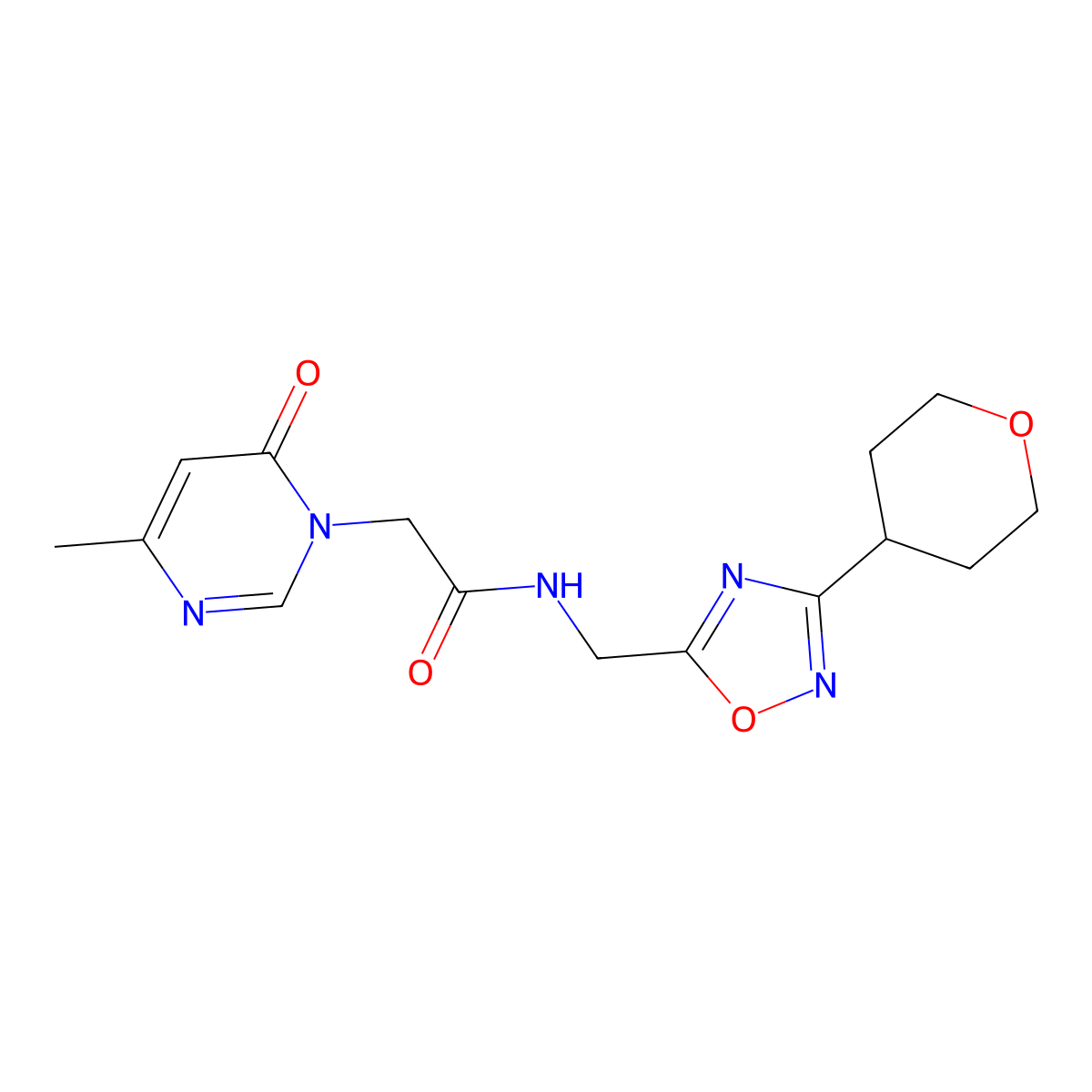 2-(4-methyl-6-oxopyrimidin-1(6H)-yl)-N-((3-(tetrahydro-2H-pyran-4-yl)-1,2,4-oxadiazol-5-yl)methyl)acetamide molecular structure, CAS 2034291-61-5