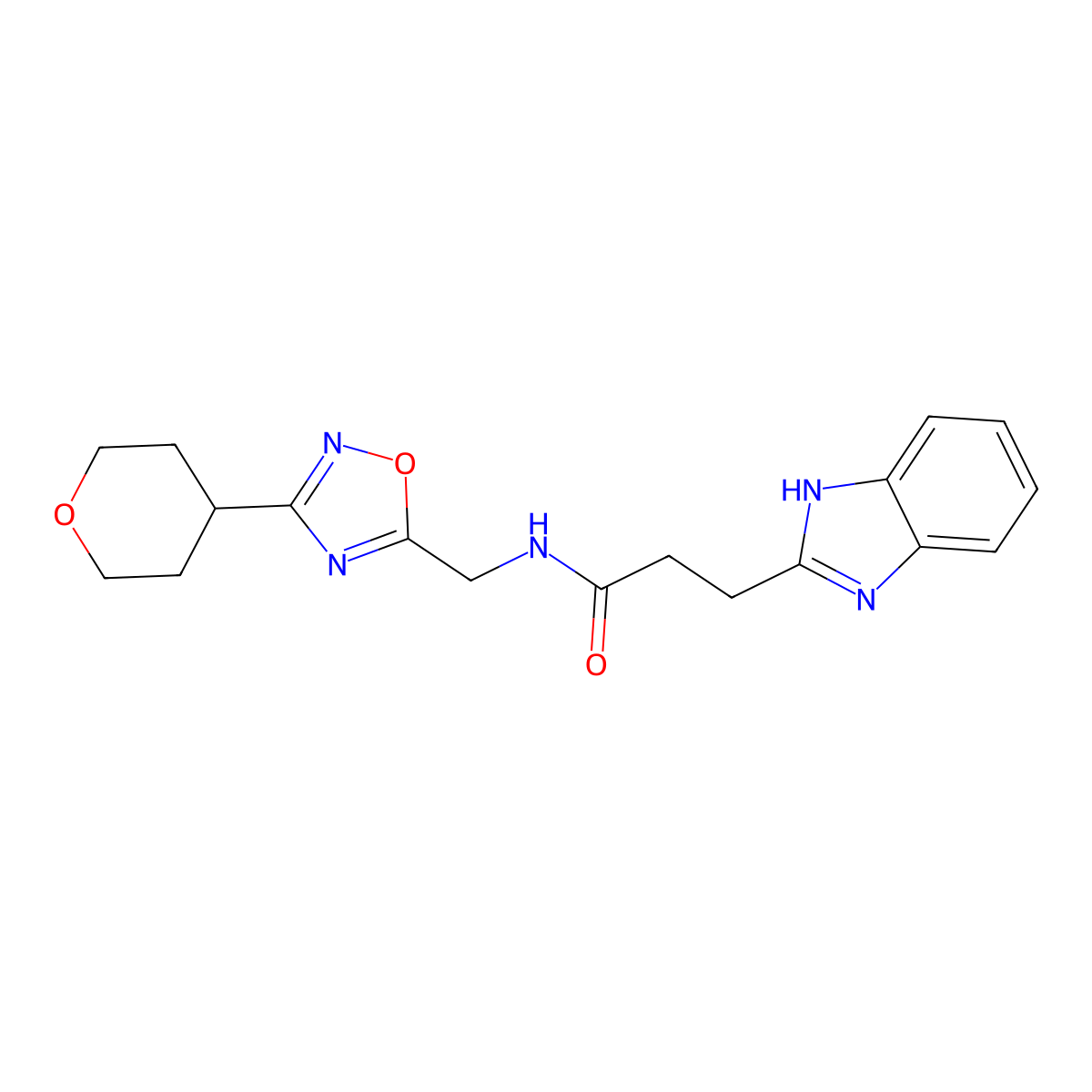 3-(1H-benzo[d]imidazol-2-yl)-N-((3-(tetrahydro-2H-pyran-4-yl)-1,2,4-oxadiazol-5-yl)methyl)propanamide molecular structure, CAS 2034291-68-2