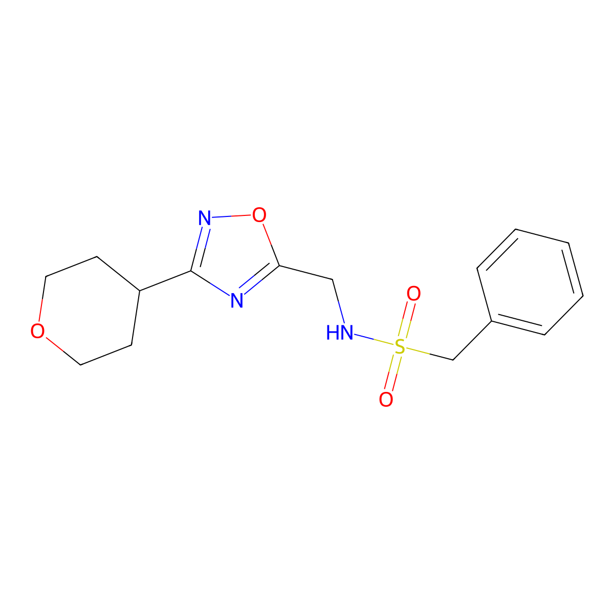 1-phenyl-N-((3-(tetrahydro-2H-pyran-4-yl)-1,2,4-oxadiazol-5-yl)methyl)methanesulfonamide molecular structure, CAS 2034291-76-2