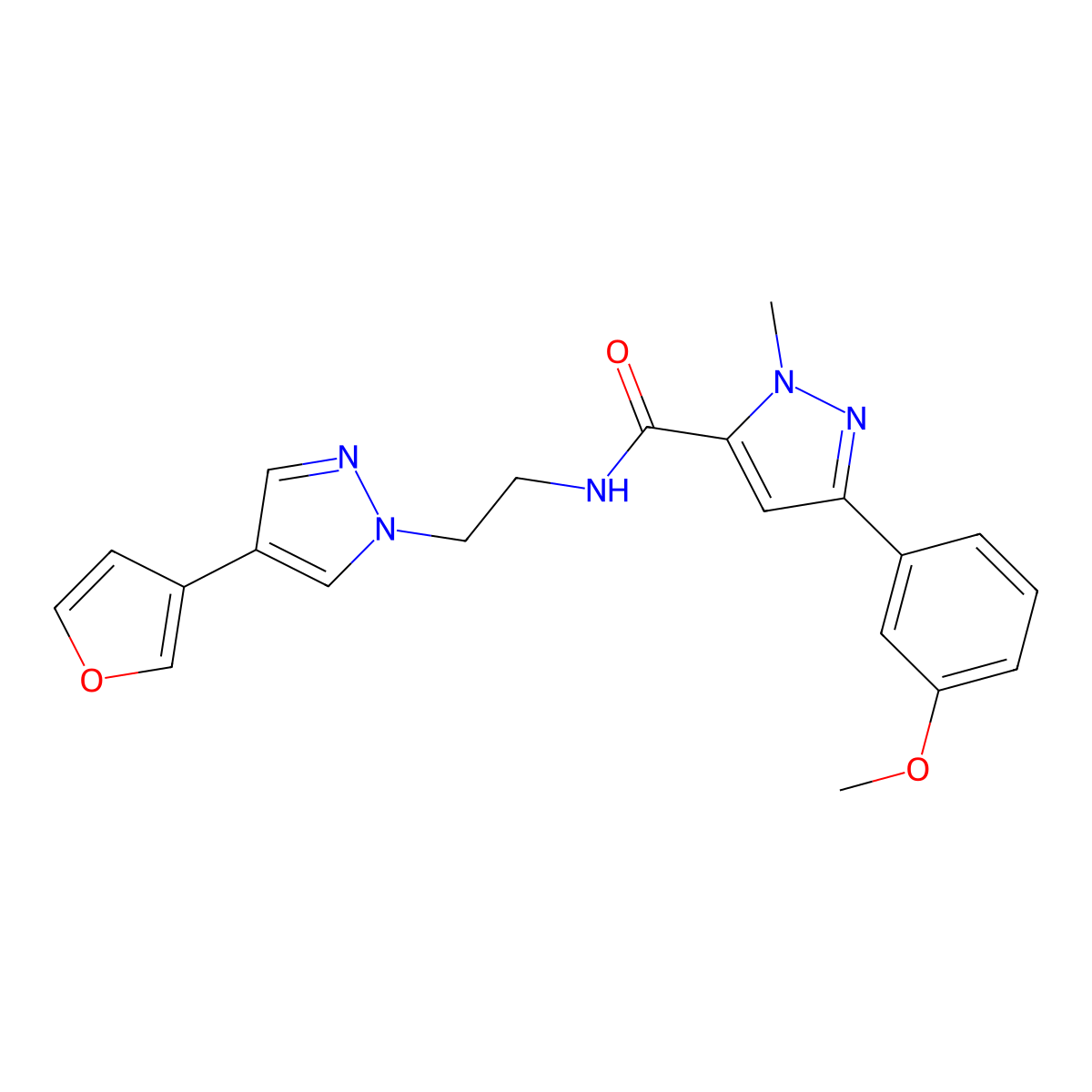 N-{2-[4-(furan-3-yl)-1H-pyrazol-1-yl]ethyl}-3-(3-methoxyphenyl)-1-methyl-1H-pyrazole-5-carboxamide molecular structure, CAS 2034291-85-3
