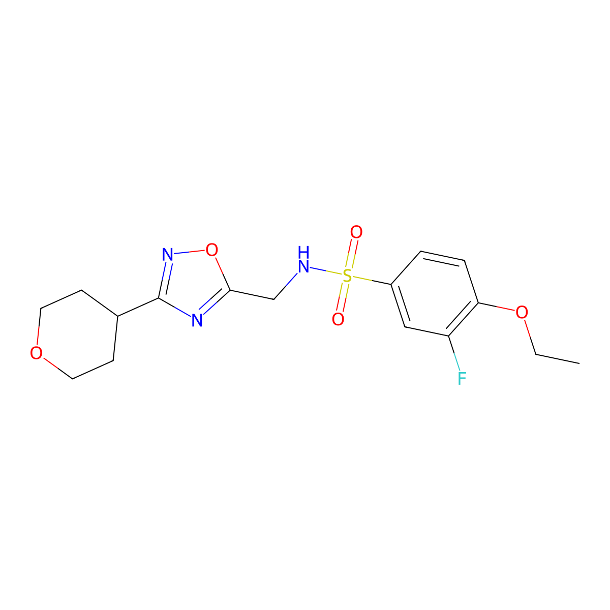 4-ethoxy-3-fluoro-N-((3-(tetrahydro-2H-pyran-4-yl)-1,2,4-oxadiazol-5-yl)methyl)benzenesulfonamide molecular structure, CAS 2034291-96-6