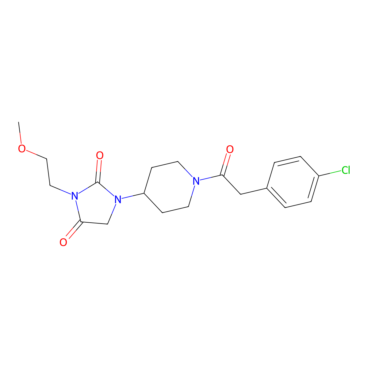 1-(1-(2-(4-Chlorophenyl)acetyl)piperidin-4-yl)-3-(2-methoxyethyl)imidazolidine-2,4-dione molecular structure, CAS 2034292-00-5