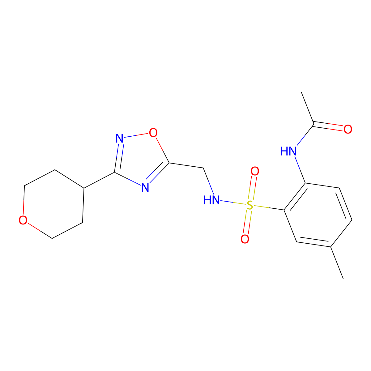 N-(4-methyl-2-(N-((3-(tetrahydro-2H-pyran-4-yl)-1,2,4-oxadiazol-5-yl)methyl)sulfamoyl)phenyl)acetamide molecular structure, CAS 2034292-07-2