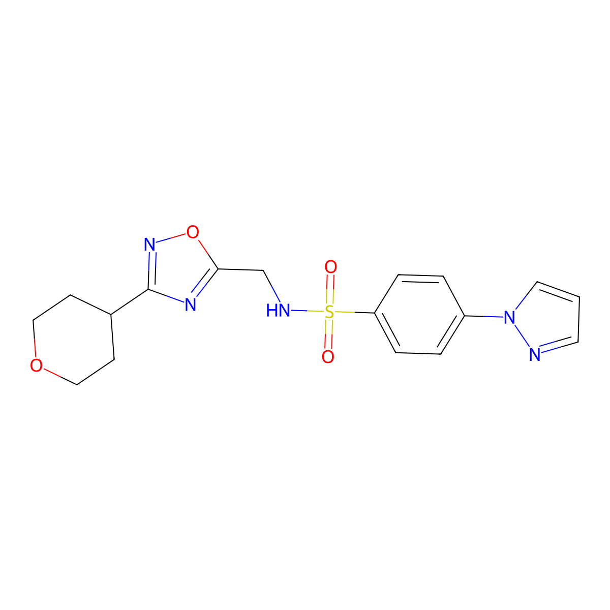 4-(1H-pyrazol-1-yl)-N-((3-(tetrahydro-2H-pyran-4-yl)-1,2,4-oxadiazol-5-yl)methyl)benzenesulfonamide molecular structure, CAS 2034292-15-2