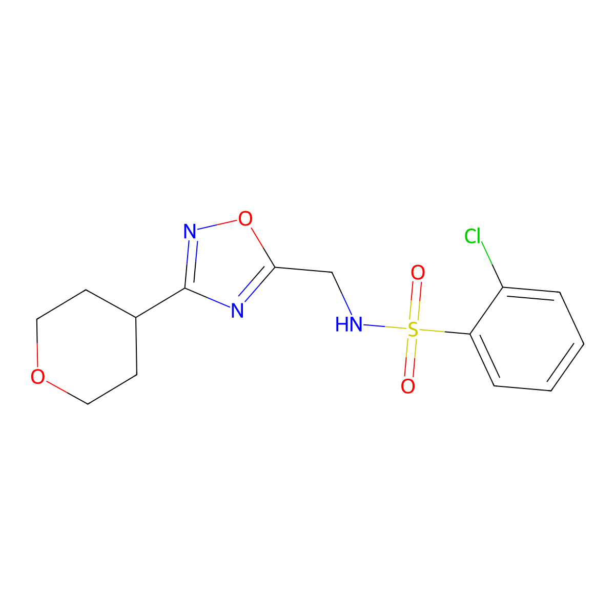 2-chloro-N-((3-(tetrahydro-2H-pyran-4-yl)-1,2,4-oxadiazol-5-yl)methyl)benzenesulfonamide molecular structure, CAS 2034292-23-2