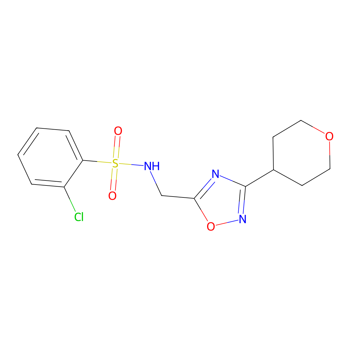 2-chloro-N-((3-(tetrahydro-2H-pyran-4-yl)-1,2,4-oxadiazol-5-yl)methyl)benzenesulfonamide molecular structure, CAS 2034292-23-2