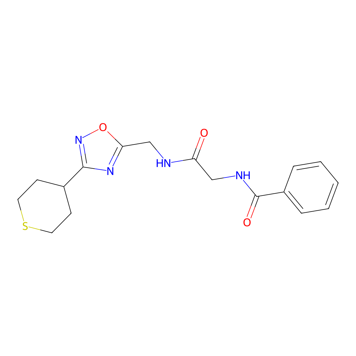 2-(phenylformamido)-N-{[3-(thian-4-yl)-1,2,4-oxadiazol-5-yl]methyl}acetamide molecular structure, CAS 2034292-30-1