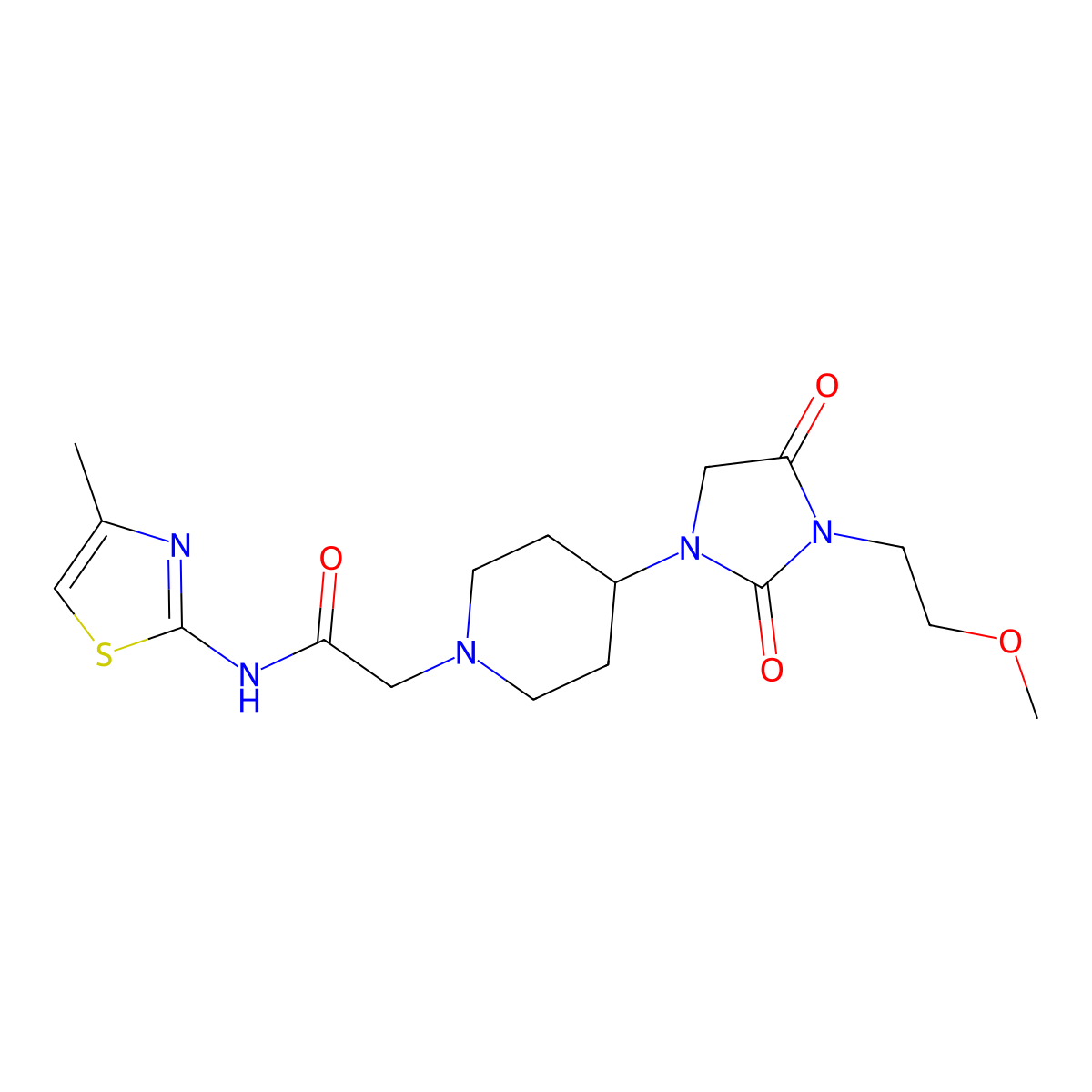 2-(4-(3-(2-methoxyethyl)-2,4-dioxoimidazolidin-1-yl)piperidin-1-yl)-N-(4-methylthiazol-2-yl)acetamide molecular structure, CAS 2034292-36-7