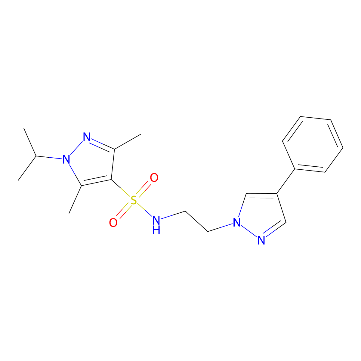 1-isopropyl-3,5-dimethyl-N-(2-(4-phenyl-1H-pyrazol-1-yl)ethyl)-1H-pyrazole-4-sulfonamide molecular structure, CAS 2034292-39-0