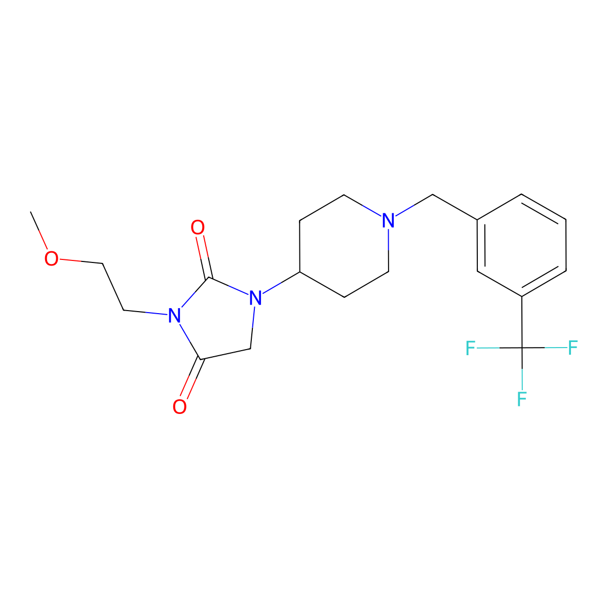 3-(2-Methoxyethyl)-1-(1-(3-(trifluoromethyl)benzyl)piperidin-4-yl)imidazolidine-2,4-dione molecular structure, CAS 2034292-41-4