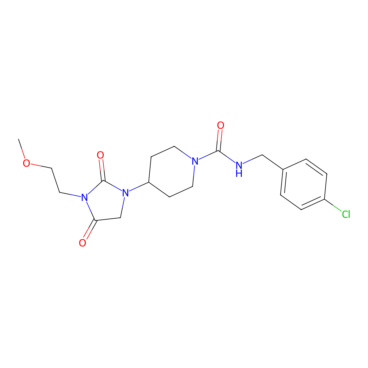 N-(4-chlorobenzyl)-4-(3-(2-methoxyethyl)-2,4-dioxoimidazolidin-1-yl)piperidine-1-carboxamide molecular structure, CAS 2034292-46-9