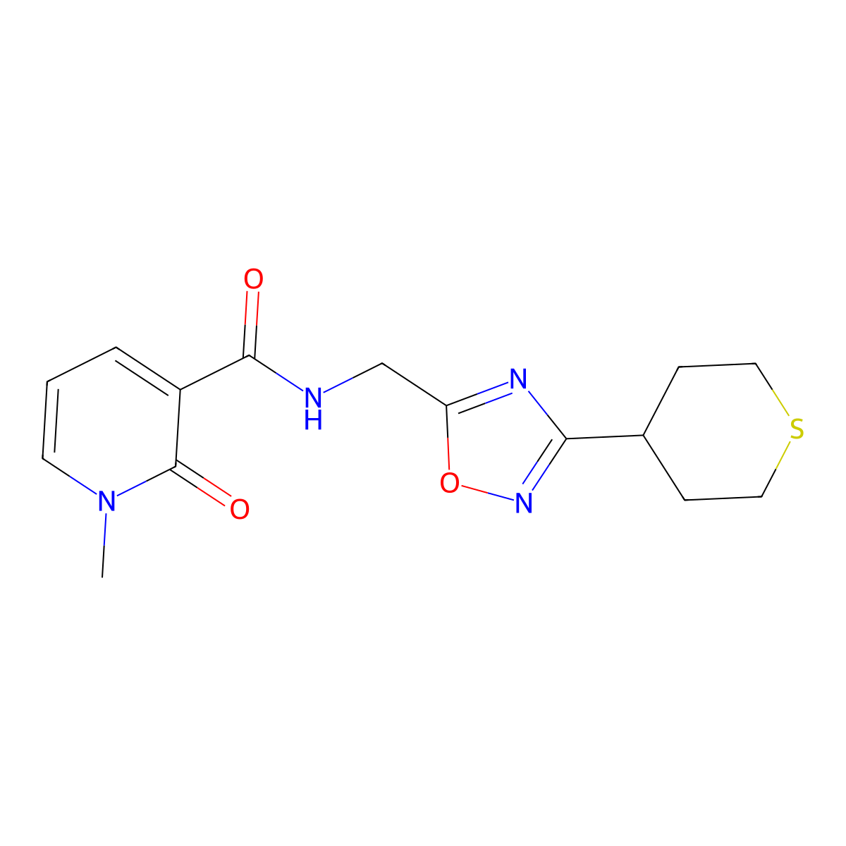 1-methyl-2-oxo-N-((3-(tetrahydro-2H-thiopyran-4-yl)-1,2,4-oxadiazol-5-yl)methyl)-1,2-dihydropyridine-3-carboxamide molecular structure, CAS 2034292-47-0