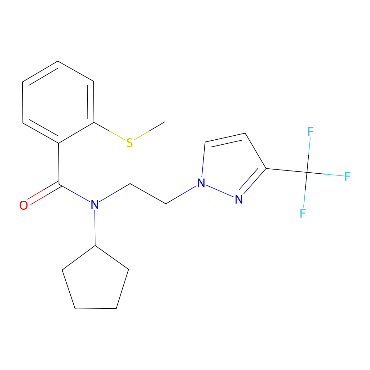 N-cyclopentyl-2-(methylthio)-N-(2-(3-(trifluoromethyl)-1H-pyrazol-1-yl)ethyl)benzamide molecular structure, CAS 2034292-52-7
