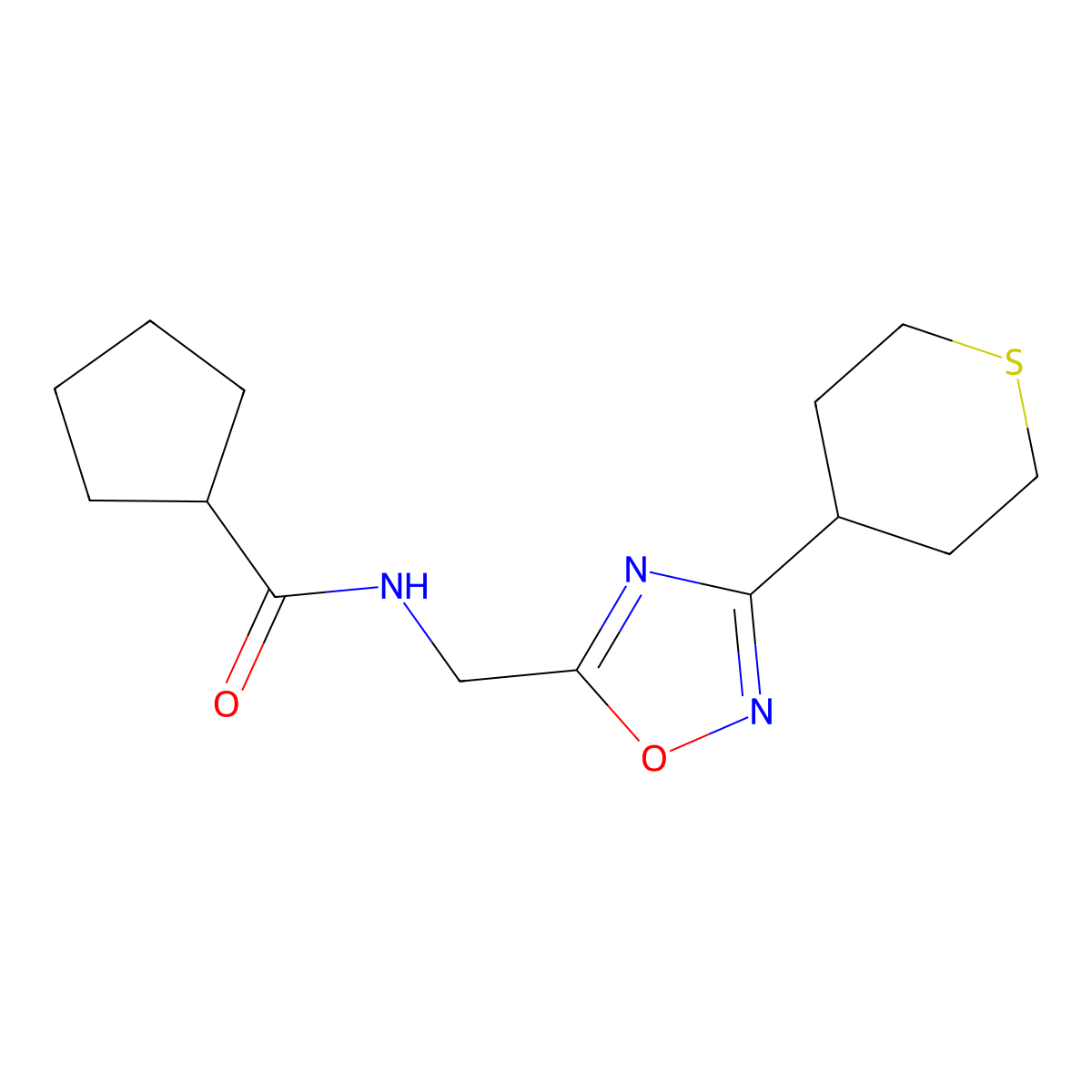 N-((3-(tetrahydro-2H-thiopyran-4-yl)-1,2,4-oxadiazol-5-yl)methyl)cyclopentanecarboxamide molecular structure, CAS 2034292-55-0