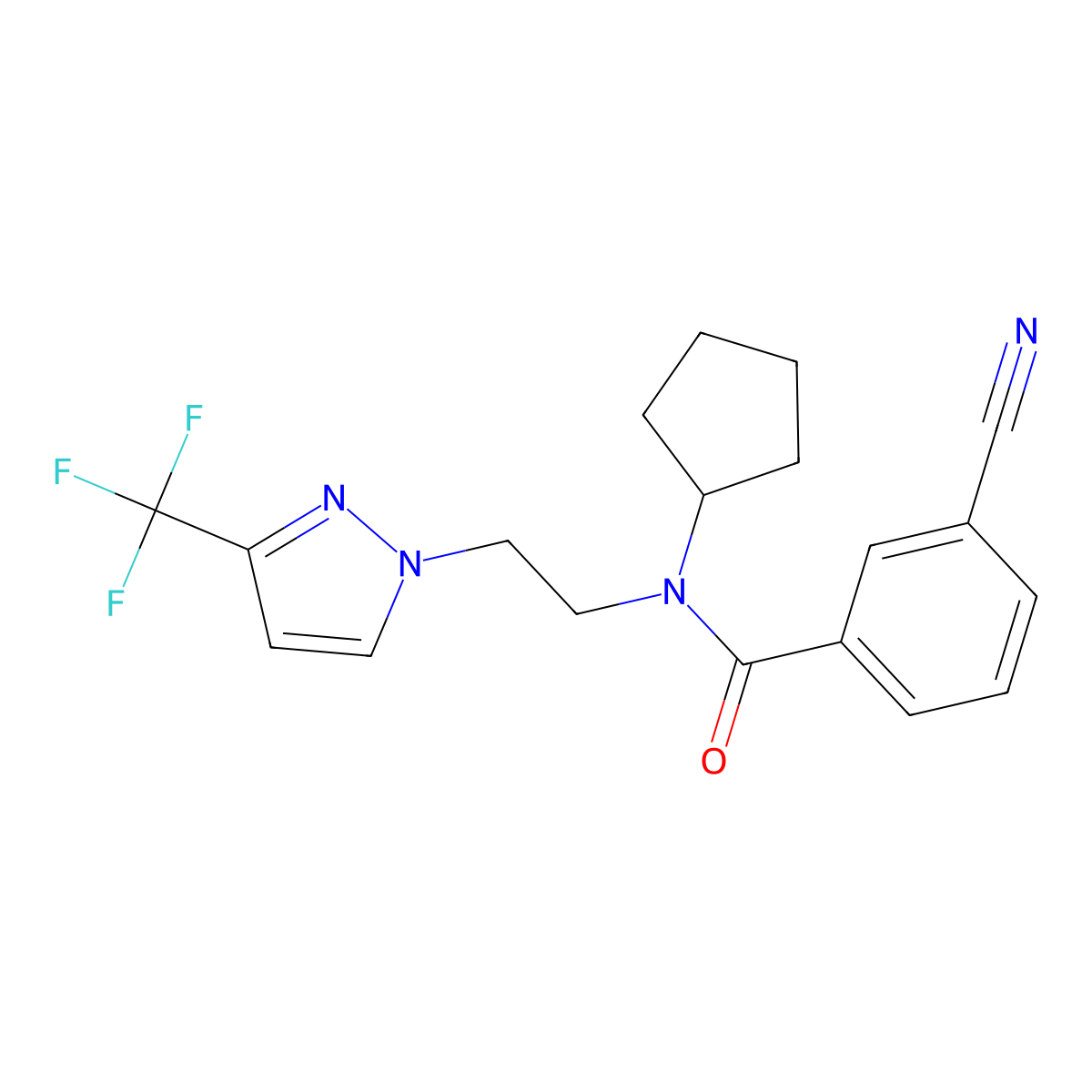 3-cyano-N-cyclopentyl-N-(2-(3-(trifluoromethyl)-1H-pyrazol-1-yl)ethyl)benzamide molecular structure, CAS 2034292-58-3