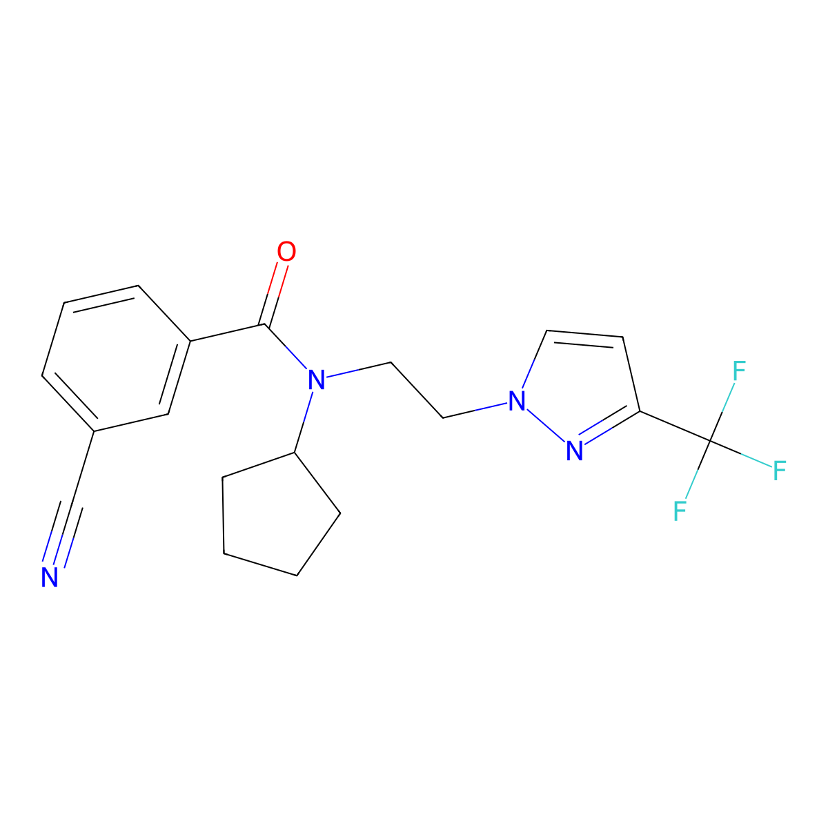 3-cyano-N-cyclopentyl-N-(2-(3-(trifluoromethyl)-1H-pyrazol-1-yl)ethyl)benzamide molecular structure, CAS 2034292-58-3