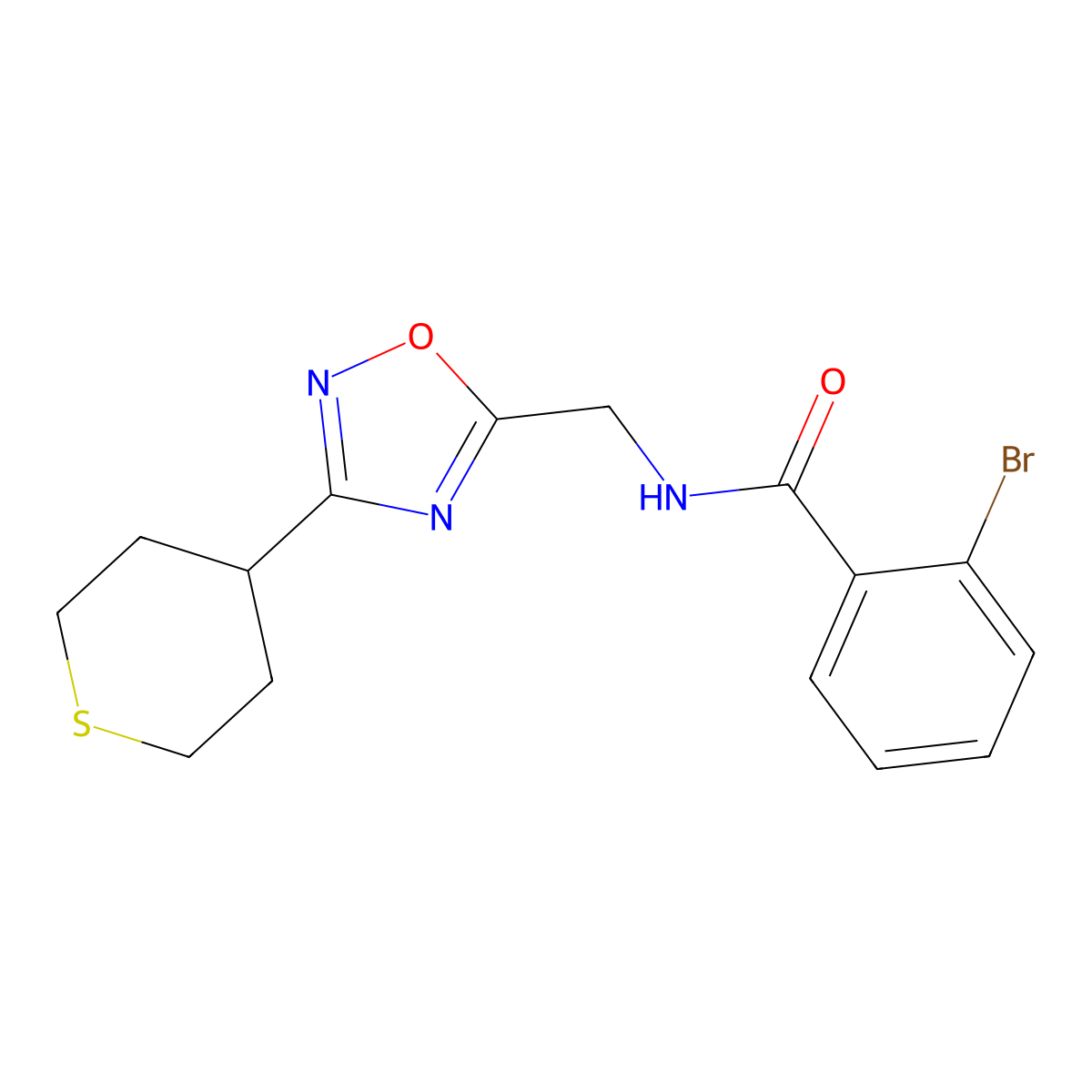 2-bromo-N-((3-(tetrahydro-2H-thiopyran-4-yl)-1,2,4-oxadiazol-5-yl)methyl)benzamide molecular structure, CAS 2034292-62-9
