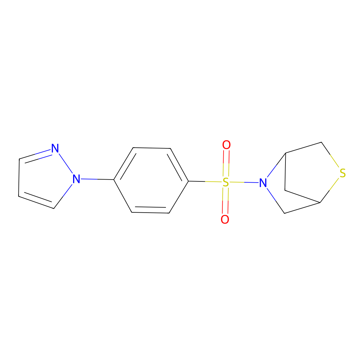 5-((4-(1H-pyrazol-1-yl)phenyl)sulfonyl)-2-thia-5-azabicyclo[2.2.1]heptane molecular structure, CAS 2034292-66-3