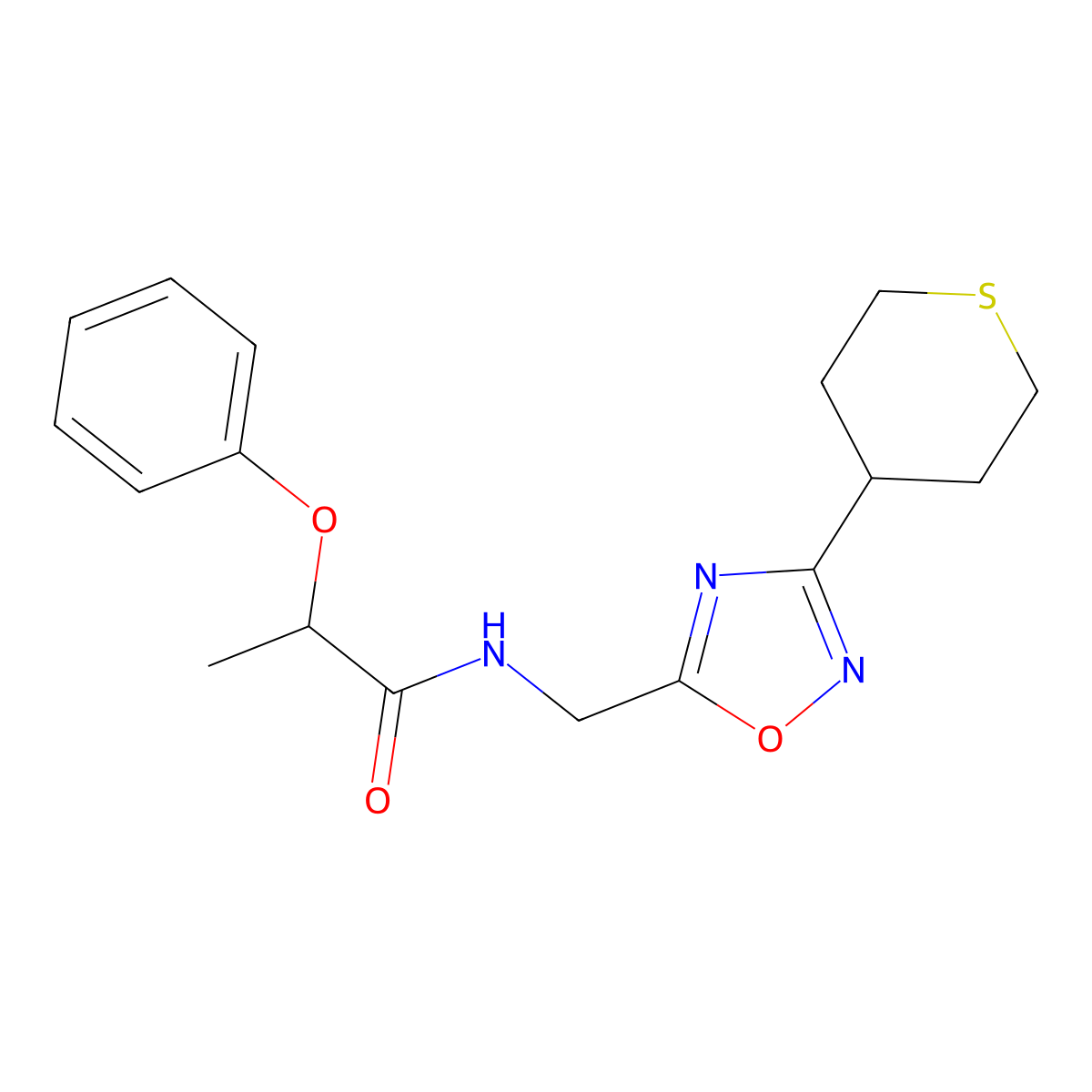 2-phenoxy-N-((3-(tetrahydro-2H-thiopyran-4-yl)-1,2,4-oxadiazol-5-yl)methyl)propanamide molecular structure, CAS 2034292-69-6