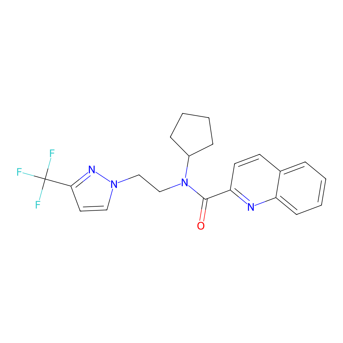 N-cyclopentyl-N-(2-(3-(trifluoromethyl)-1H-pyrazol-1-yl)ethyl)quinoline-2-carboxamide molecular structure, CAS 2034292-70-9