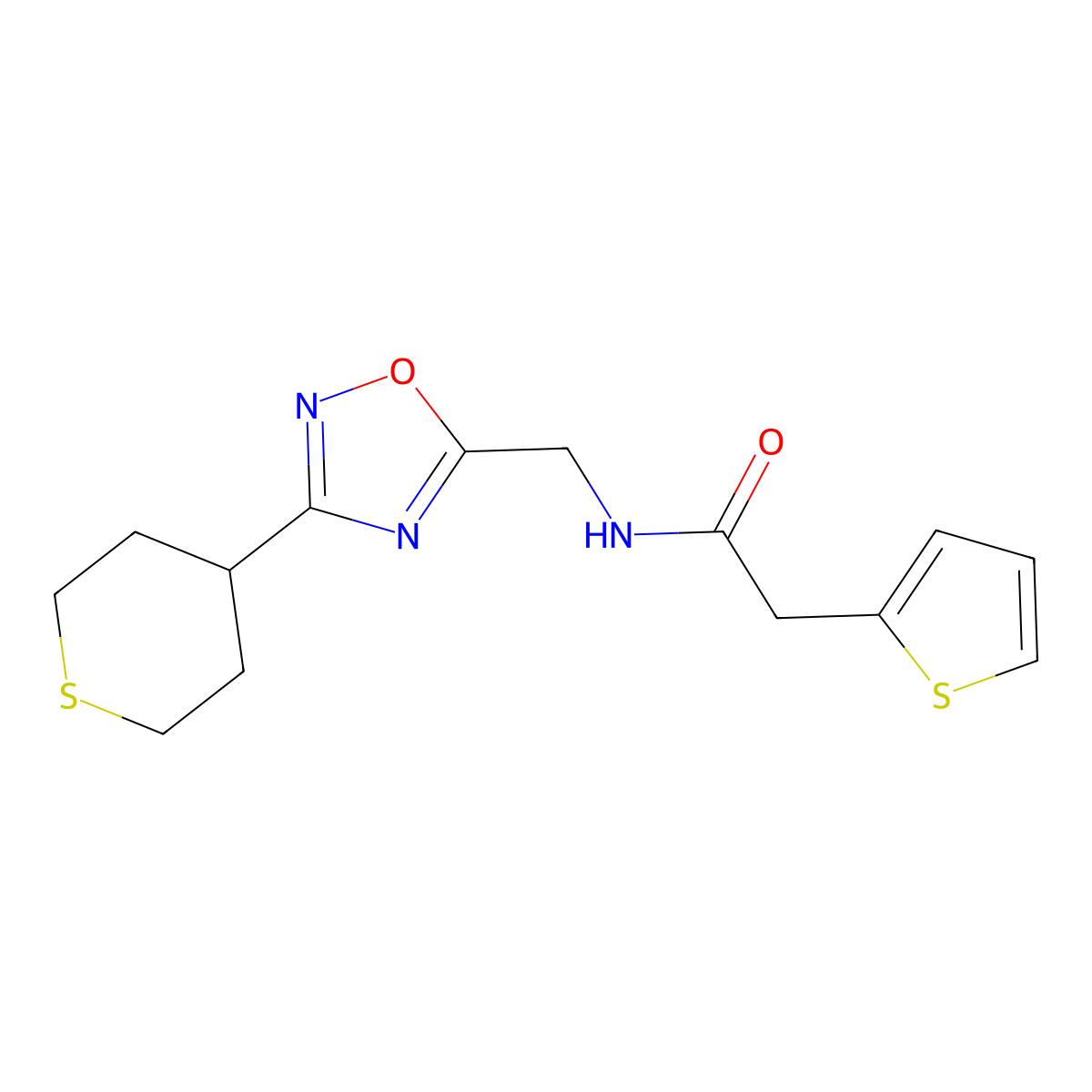 N-((3-(tetrahydro-2H-thiopyran-4-yl)-1,2,4-oxadiazol-5-yl)methyl)-2-(thiophen-2-yl)acetamide molecular structure, CAS 2034292-76-5