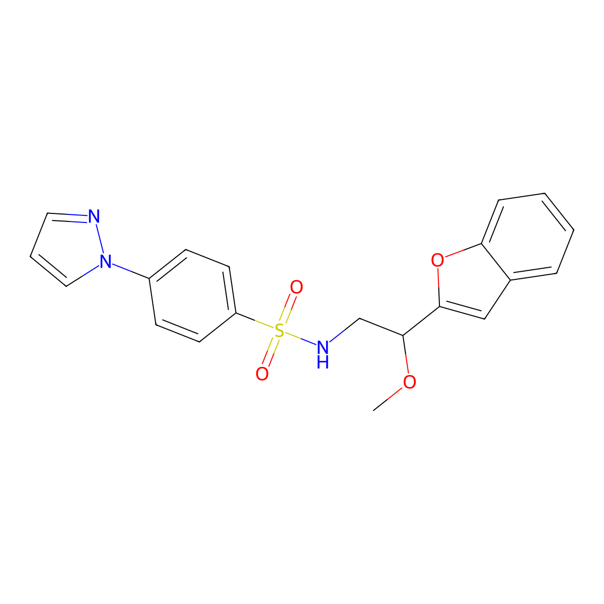 N-(2-(benzofuran-2-yl)-2-methoxyethyl)-4-(1H-pyrazol-1-yl)benzenesulfonamide molecular structure, CAS 2034292-81-2