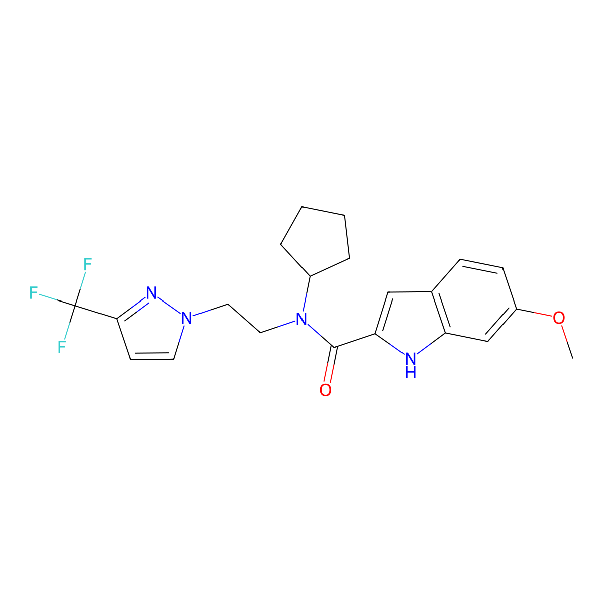 N-cyclopentyl-6-methoxy-N-(2-(3-(trifluoromethyl)-1H-pyrazol-1-yl)ethyl)-1H-indole-2-carboxamide molecular structure, CAS 2034292-82-3