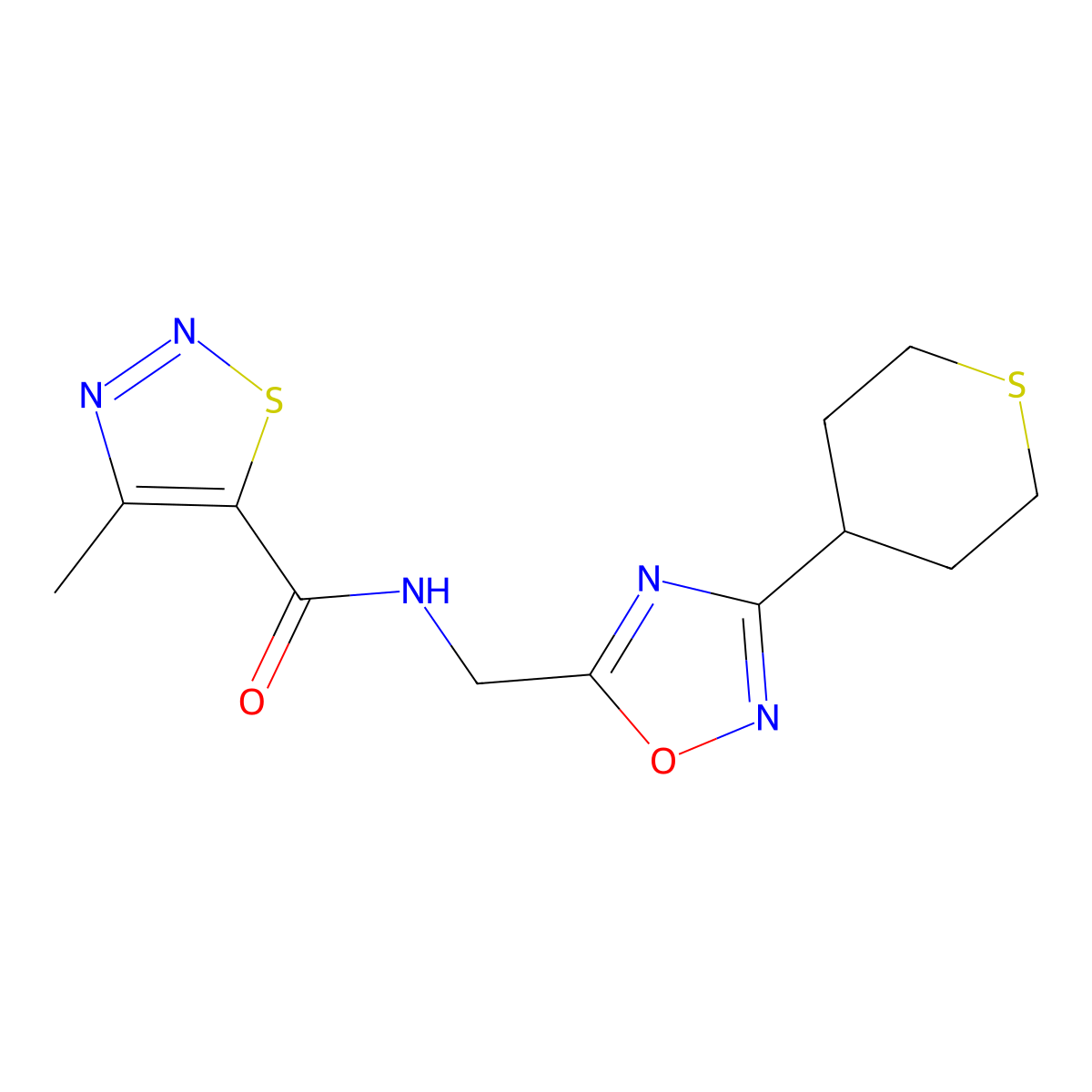 4-methyl-N-((3-(tetrahydro-2H-thiopyran-4-yl)-1,2,4-oxadiazol-5-yl)methyl)-1,2,3-thiadiazole-5-carboxamide molecular structure, CAS 2034292-84-5