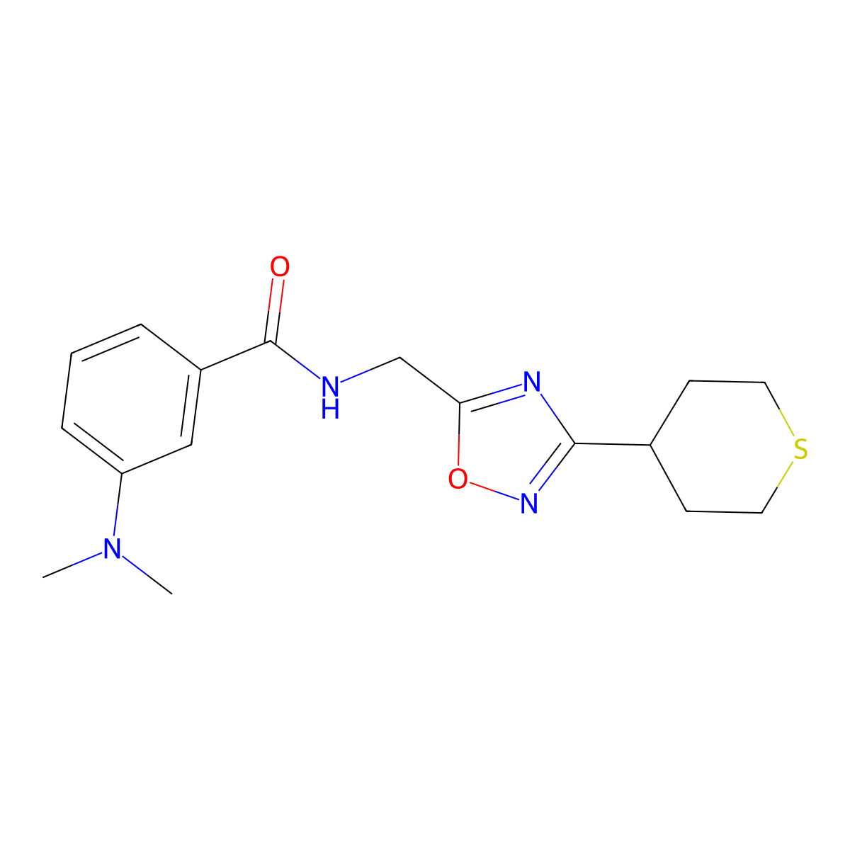 3-(dimethylamino)-N-((3-(tetrahydro-2H-thiopyran-4-yl)-1,2,4-oxadiazol-5-yl)methyl)benzamide molecular structure, CAS 2034292-92-5