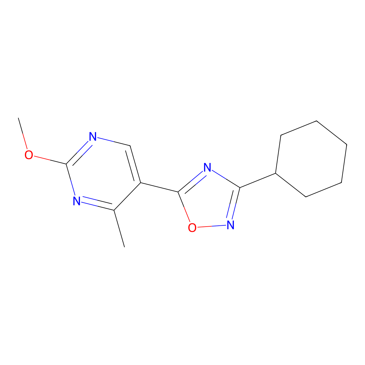 3-Cyclohexyl-5-(2-methoxy-4-methylpyrimidin-5-yl)-1,2,4-oxadiazole molecular structure, CAS 2034292-96-9
