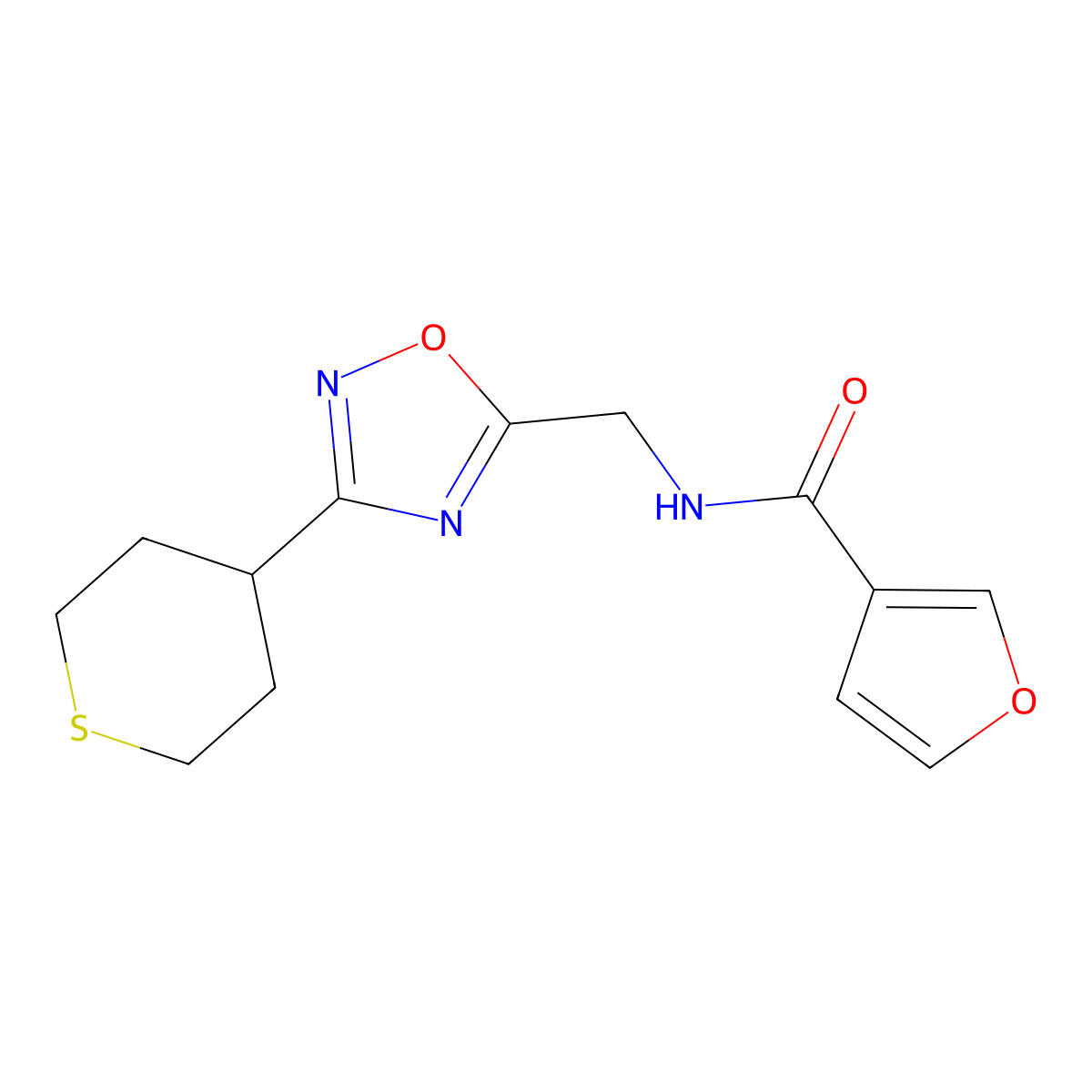 N-((3-(tetrahydro-2H-thiopyran-4-yl)-1,2,4-oxadiazol-5-yl)methyl)furan-3-carboxamide molecular structure, CAS 2034293-00-8