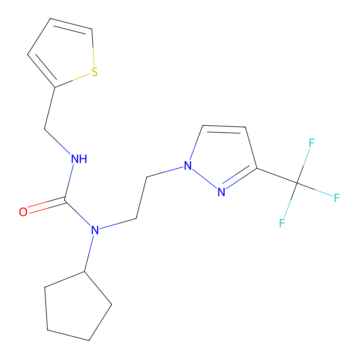 1-cyclopentyl-3-(thiophen-2-ylmethyl)-1-(2-(3-(trifluoromethyl)-1H-pyrazol-1-yl)ethyl)urea molecular structure, CAS 2034293-01-9