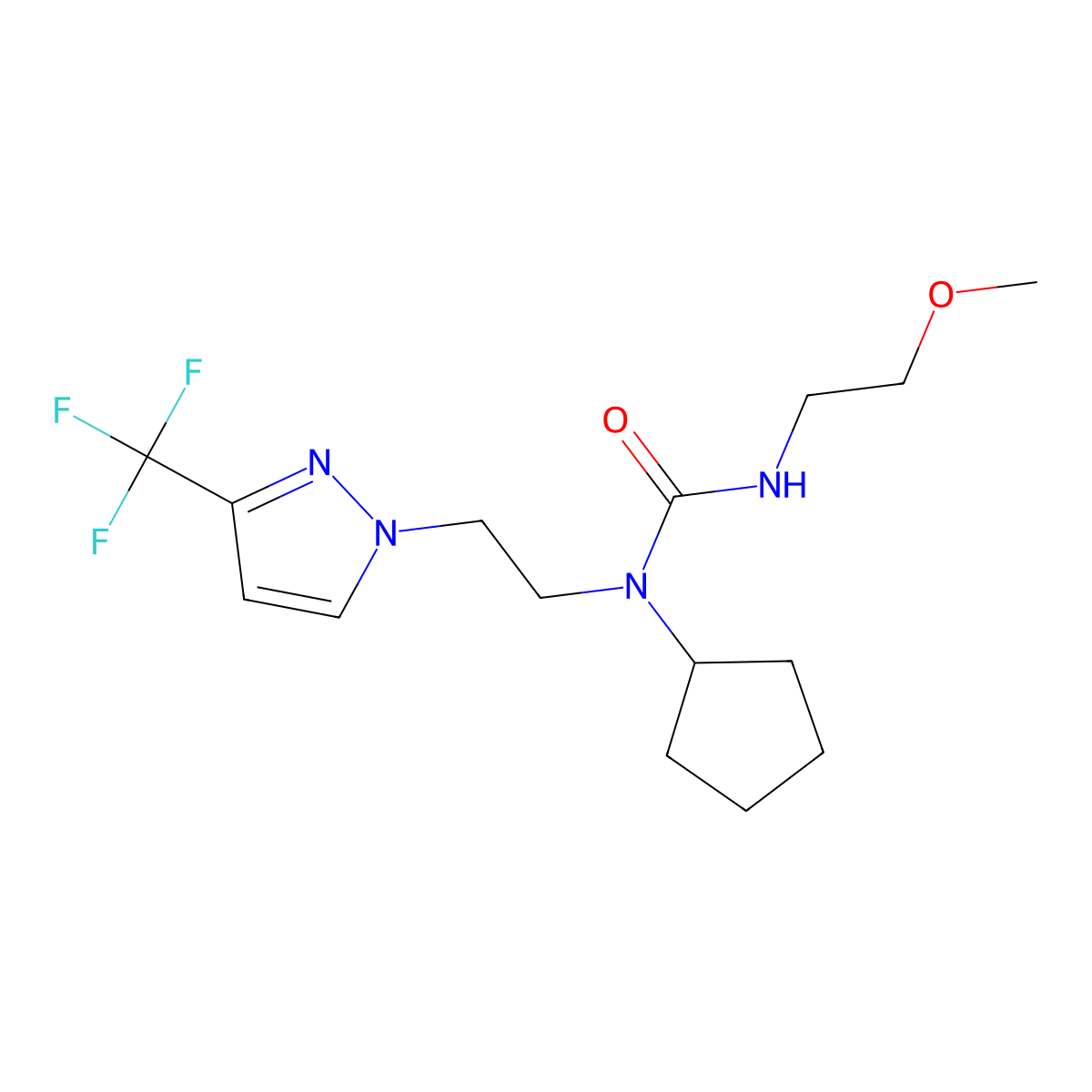 1-cyclopentyl-3-(2-methoxyethyl)-1-{2-[3-(trifluoromethyl)-1H-pyrazol-1-yl]ethyl}urea molecular structure, CAS 2034293-05-3