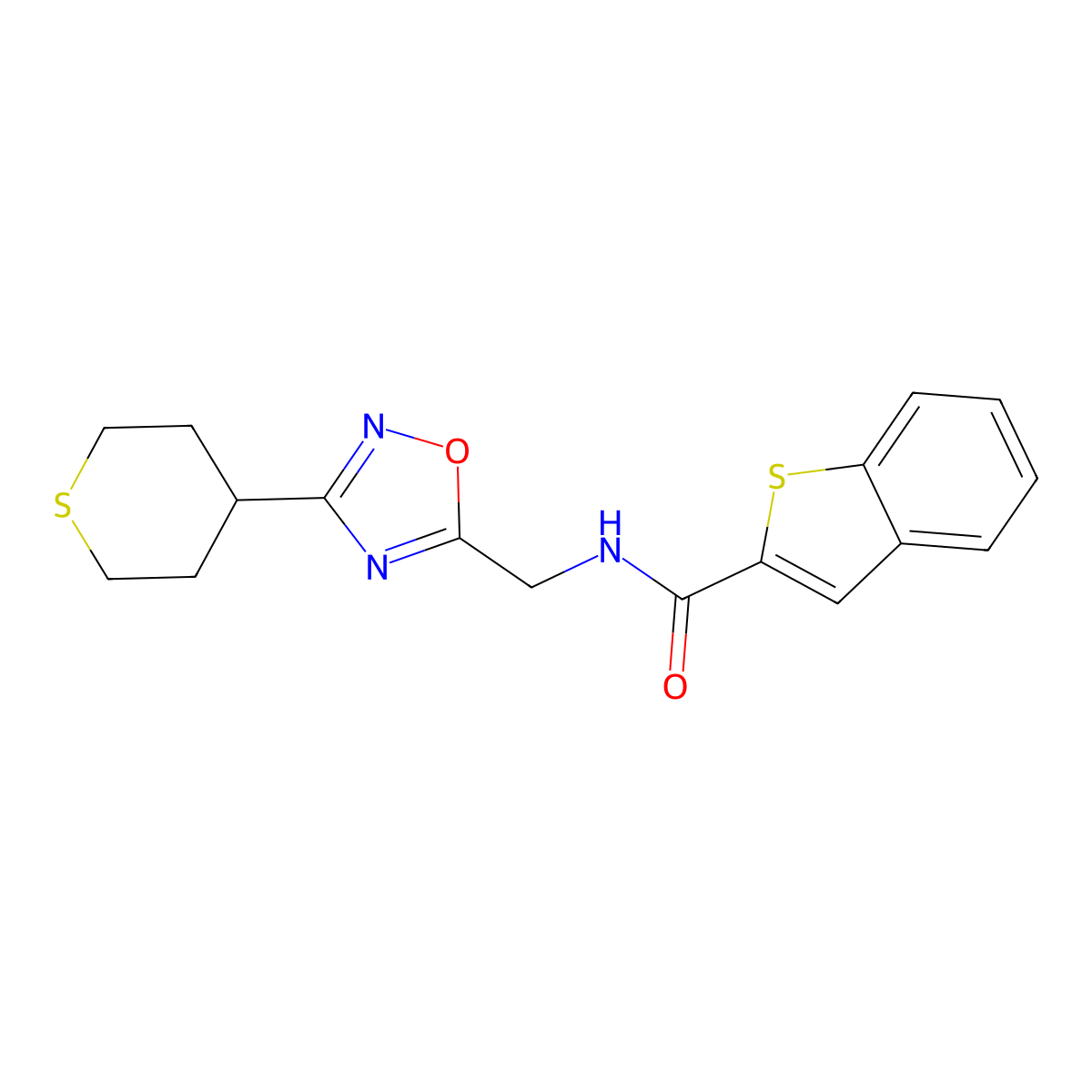 N-((3-(tetrahydro-2H-thiopyran-4-yl)-1,2,4-oxadiazol-5-yl)methyl)benzo[b]thiophene-2-carboxamide molecular structure, CAS 2034293-06-4