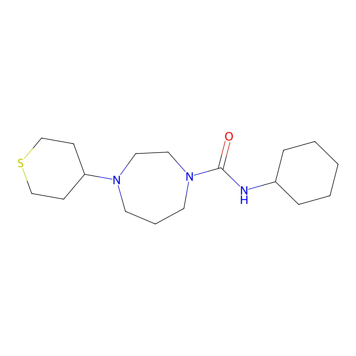 N-cyclohexyl-4-(thian-4-yl)-1,4-diazepane-1-carboxamide molecular structure, CAS 2034293-19-9