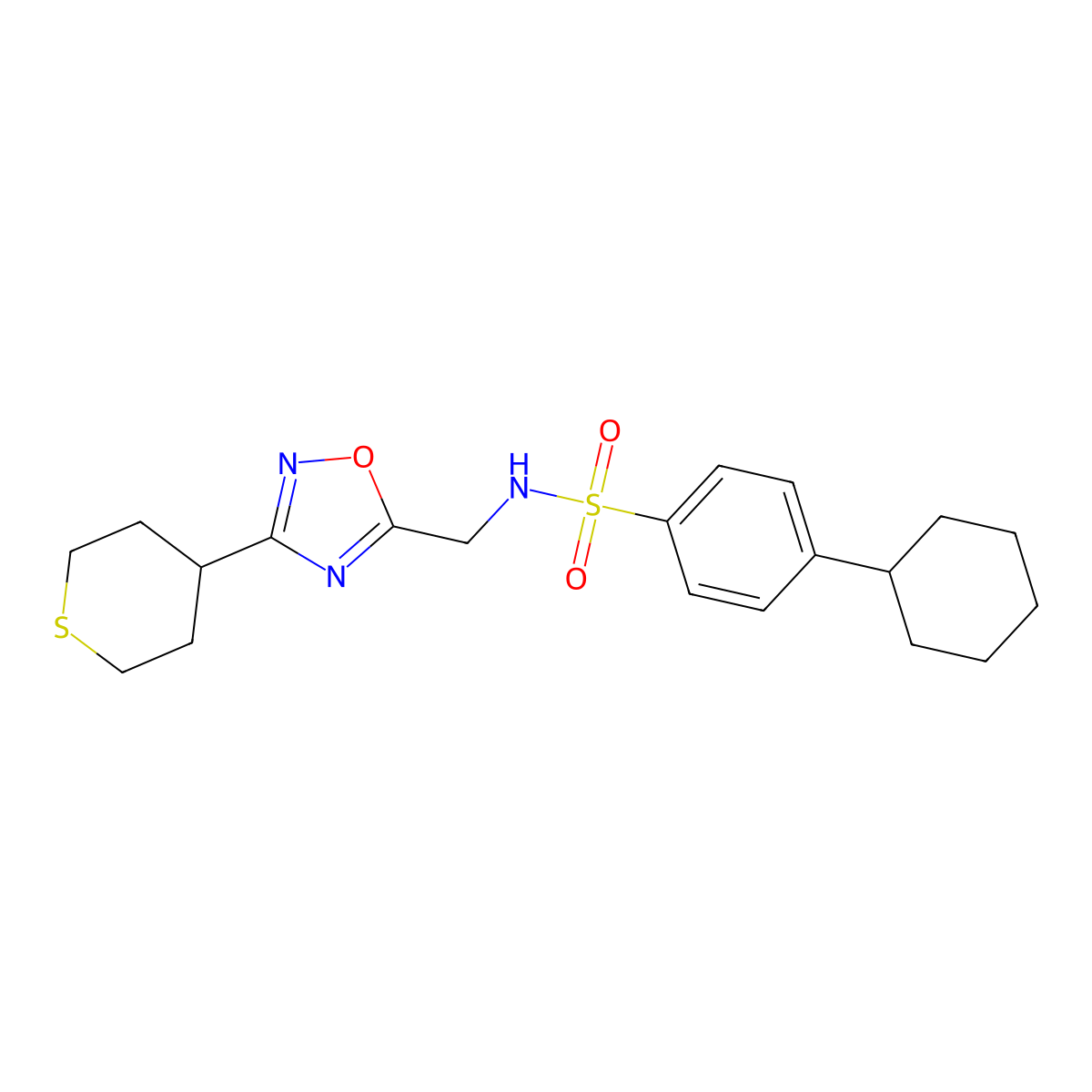 4-cyclohexyl-N-{[3-(thian-4-yl)-1,2,4-oxadiazol-5-yl]methyl}benzene-1-sulfonamide molecular structure, CAS 2034293-21-3