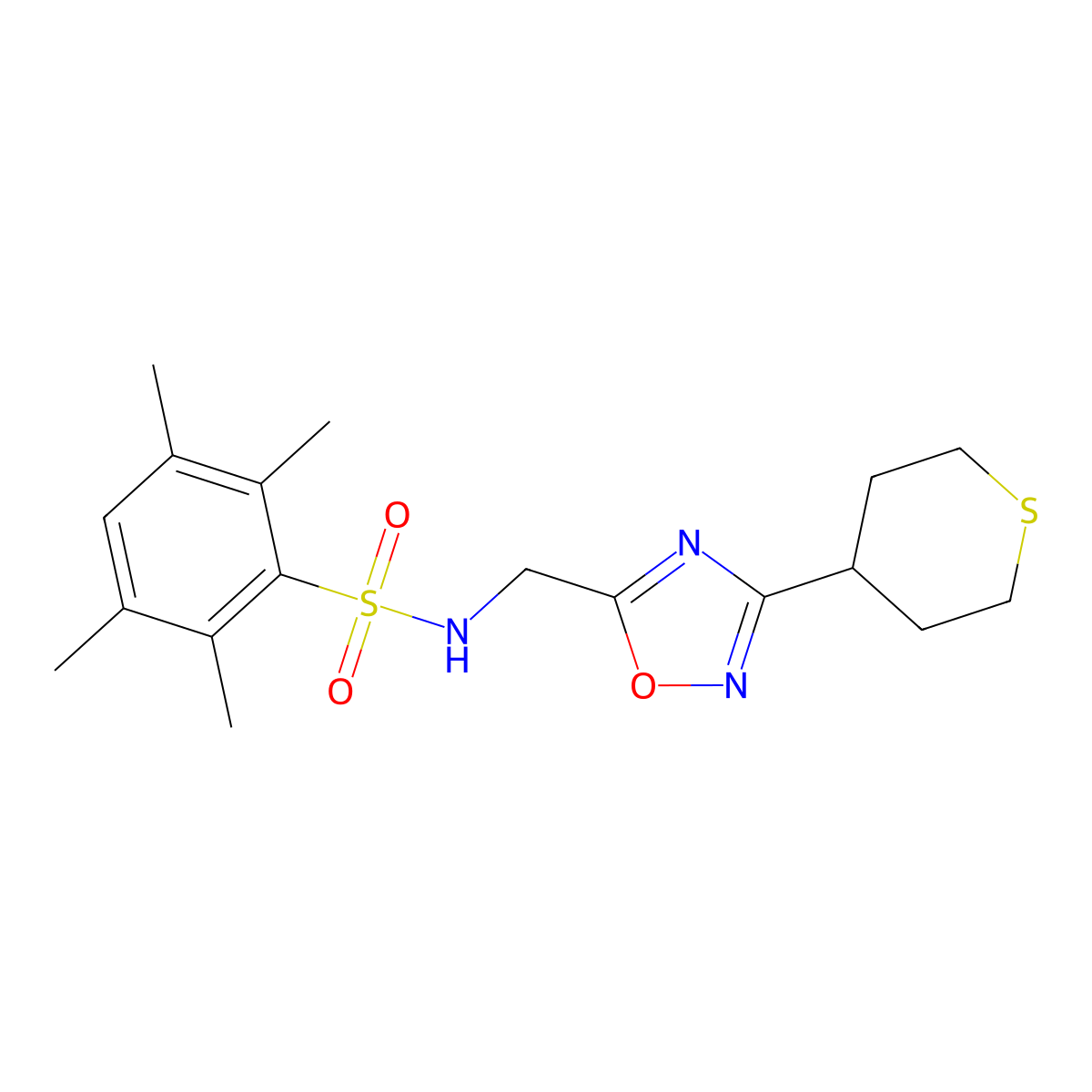 2,3,5,6-tetramethyl-N-((3-(tetrahydro-2H-thiopyran-4-yl)-1,2,4-oxadiazol-5-yl)methyl)benzenesulfonamide molecular structure, CAS 2034293-26-8