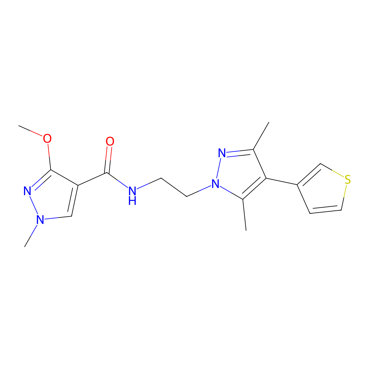 N-{2-[3,5-dimethyl-4-(thiophen-3-yl)-1H-pyrazol-1-yl]ethyl}-3-methoxy-1-methyl-1H-pyrazole-4-carboxamide molecular structure, CAS 2034293-31-5