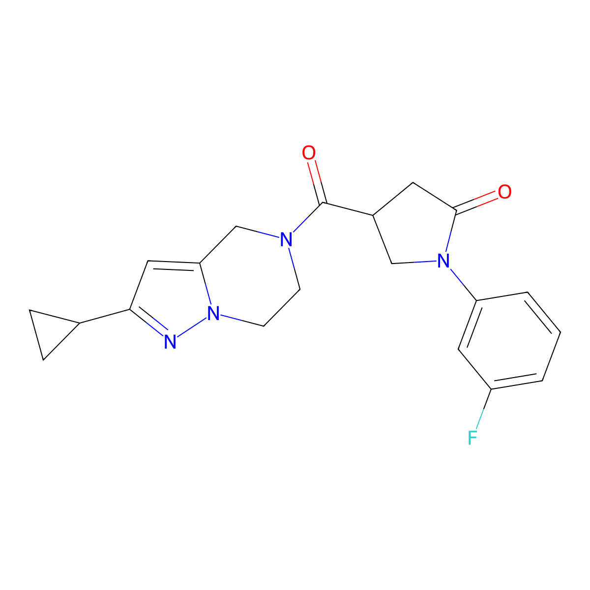 4-(2-Cyclopropyl-4,5,6,7-tetrahydropyrazolo[1,5-a]pyrazine-5-carbonyl)-1-(3-fluorophenyl)pyrrolidin-2-one molecular structure, CAS 2034293-36-0