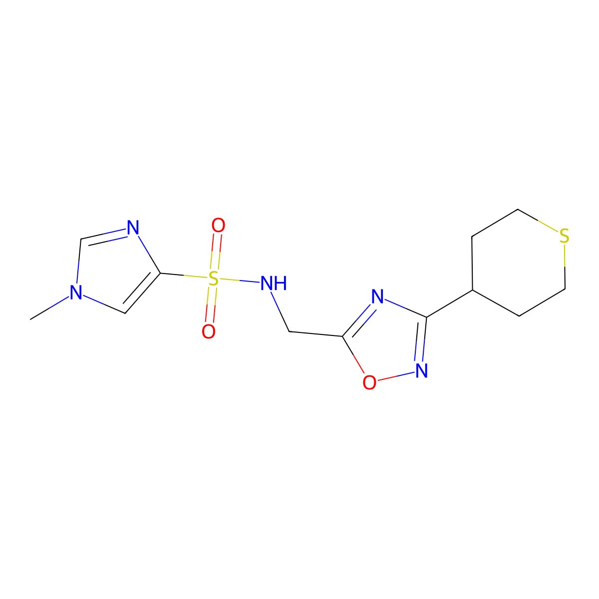 1-methyl-N-((3-(tetrahydro-2H-thiopyran-4-yl)-1,2,4-oxadiazol-5-yl)methyl)-1H-imidazole-4-sulfonamide molecular structure, CAS 2034293-38-2