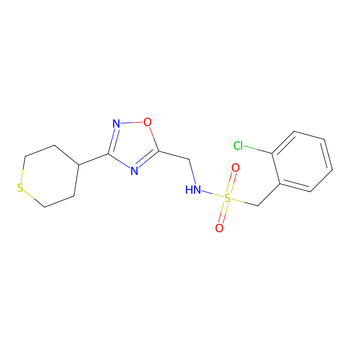 1-(2-chlorophenyl)-N-((3-(tetrahydro-2H-thiopyran-4-yl)-1,2,4-oxadiazol-5-yl)methyl)methanesulfonamide molecular structure, CAS 2034293-43-9