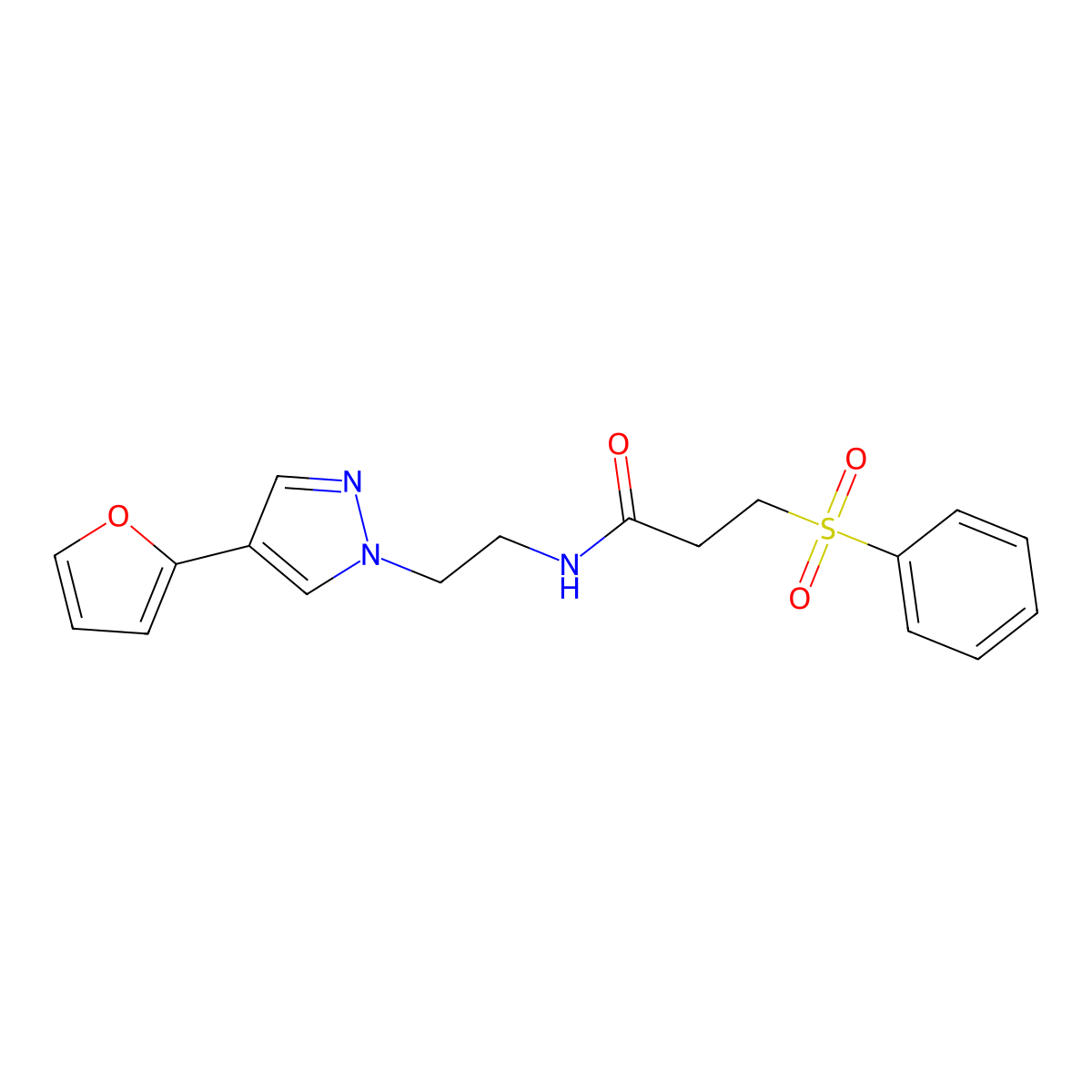 N-(2-(4-(furan-2-yl)-1H-pyrazol-1-yl)ethyl)-3-(phenylsulfonyl)propanamide molecular structure, CAS 2034293-55-3
