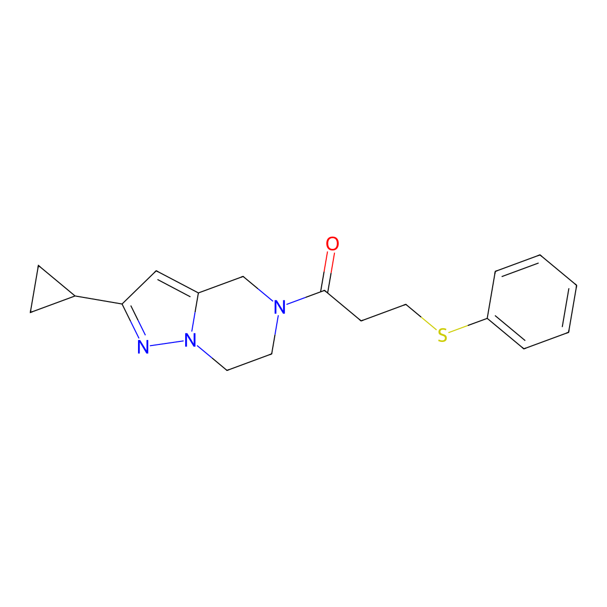 1-(2-cyclopropyl-6,7-dihydropyrazolo[1,5-a]pyrazin-5(4H)-yl)-3-(phenylthio)propan-1-one molecular structure, CAS 2034293-56-4